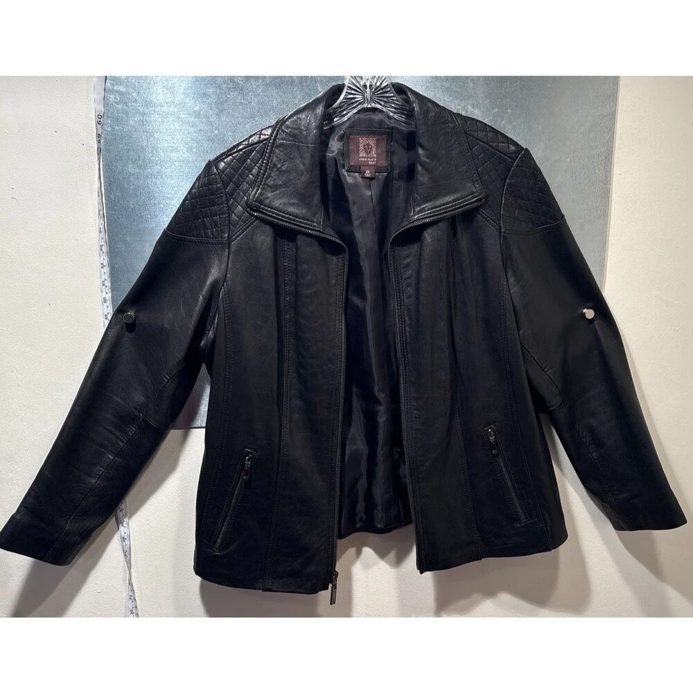 "Anne Klein Coat" Moto Jacket 2X Black 100% Leather Quilted Shoulders Full Zip - Picture 10 of 16